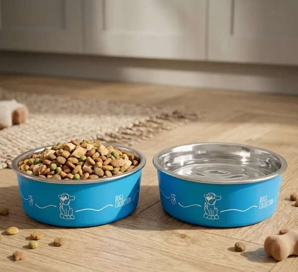 BWB_Stainless_Steel_Printed_Pet_Bowl_with_Anti-Skid_Rubber_Base_for_Dogs_and_Cats_–_Durable_Food_&_Water_Dish_with_Cute_Dog_Print,_Blue_(750_ml)-_Medium