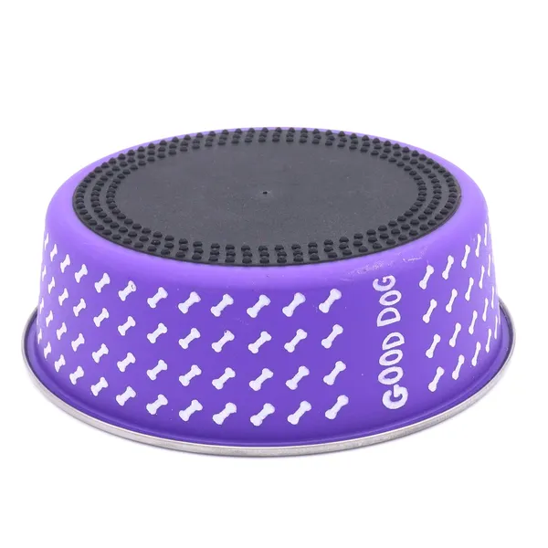 BWB_Stainless_Steel_Printed_Pet_Bowl_with_Anti-Skid_Rubber_Base_for_Dogs_and_Cats_–_Durable_Food_&_Water_Dish_-_Purple_with_Bone_Pattern,_Purple_(750_ml)-_Medium