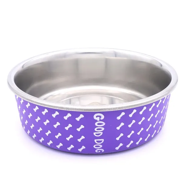 BWB_Stainless_Steel_Printed_Pet_Bowl_with_Anti-Skid_Rubber_Base_for_Dogs_and_Cats_–_Durable_Food_&_Water_Dish_-_Purple_with_Bone_Pattern,_Purple_(750_ml)-_Medium