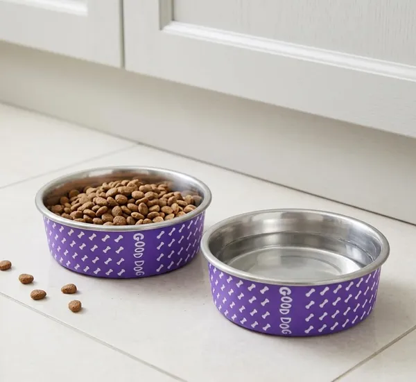BWB_Stainless_Steel_Printed_Pet_Bowl_with_Anti-Skid_Rubber_Base_for_Dogs_and_Cats_–_Durable_Food_&_Water_Dish_-_Purple_with_Bone_Pattern,_Purple_(750_ml)-_Medium