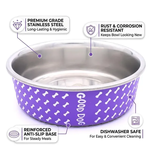 BWB_Stainless_Steel_Printed_Pet_Bowl_with_Anti-Skid_Rubber_Base_for_Dogs_and_Cats_–_Durable_Food_&_Water_Dish_-_Purple_with_Bone_Pattern,_Purple_(750_ml)-_Medium