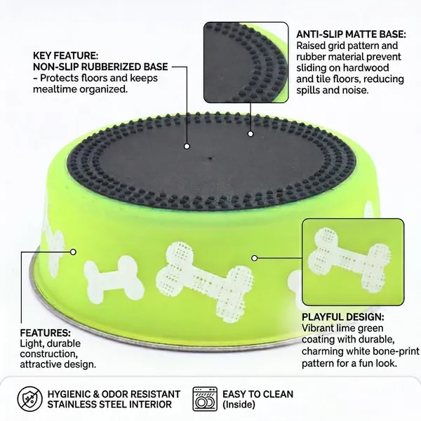 BWB_Stainless_Steel_Printed_Pet_Bowl_with_Anti-Skid_Rubber_Base_for_Dogs_and_Cats_–_Durable_Food_&_Water_Dish_with_Cute_Bone_Print,_Green_(750_ml)-_Medium