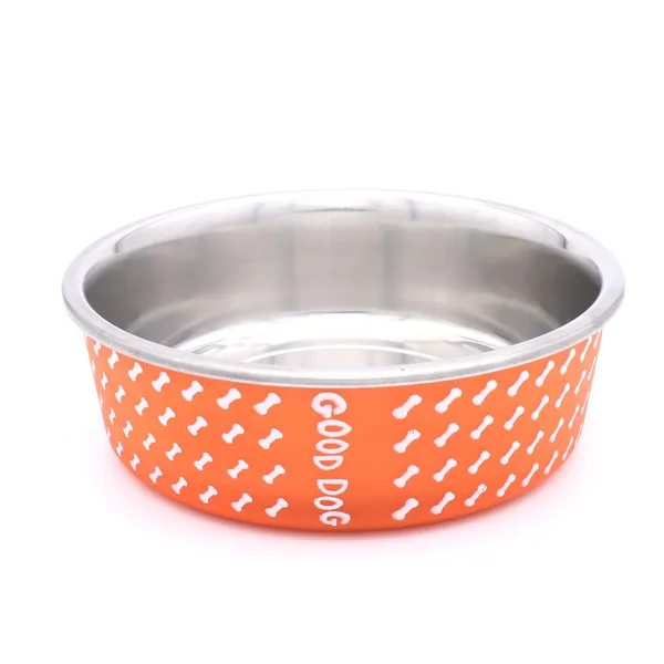 BWB_Stainless_Steel_Printed_Pet_Bowl_with_Anti-Skid_Rubber_Base_for_Dogs_and_Cats_–_Durable_Food_&_Water_Dish_-_Orange_with_Bone_Pattern,_Orange(750_ml)-_Medium