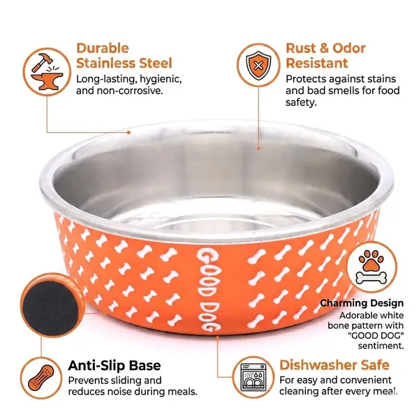 BWB_Stainless_Steel_Printed_Pet_Bowl_with_Anti-Skid_Rubber_Base_for_Dogs_and_Cats_–_Durable_Food_&_Water_Dish_-_Orange_with_Bone_Pattern,_Orange(750_ml)-_Medium