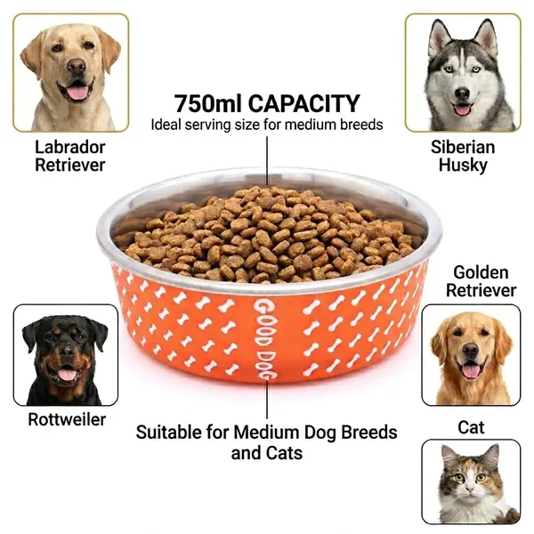 BWB_Stainless_Steel_Printed_Pet_Bowl_with_Anti-Skid_Rubber_Base_for_Dogs_and_Cats_–_Durable_Food_&_Water_Dish_-_Orange_with_Bone_Pattern,_Orange(750_ml)-_Medium