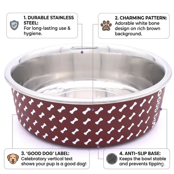 BWB_Stainless_Steel_Printed_Pet_Bowl_with_Anti-Skid_Rubber_Base_for_Dogs_and_Cats_–_Durable_Food_&_Water_Dish_-_Brown_with_Bone_Pattern,_Brown_(750_ml)-_Medium