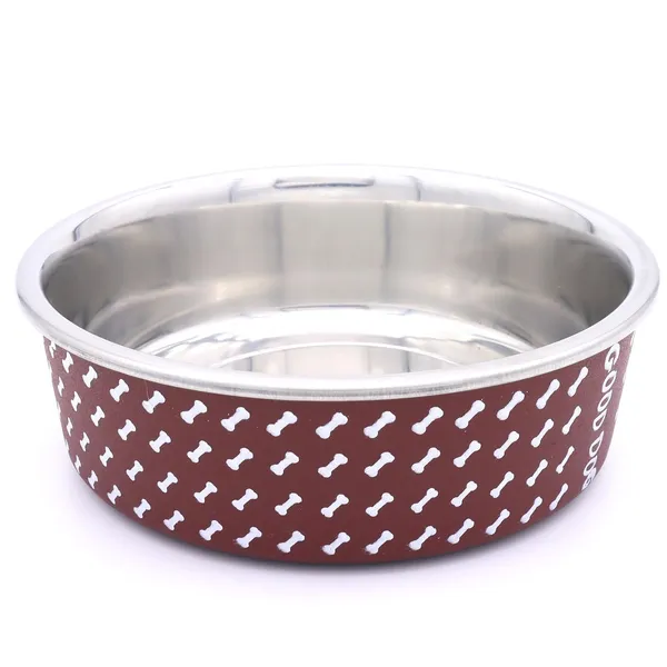BWB_Stainless_Steel_Printed_Pet_Bowl_with_Anti-Skid_Rubber_Base_for_Dogs_and_Cats_–_Durable_Food_&_Water_Dish_-_Brown_with_Bone_Pattern,_Brown_(750_ml)-_Medium