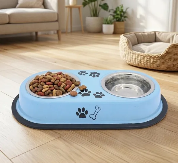 BWB_Two-in-One_Stainless_Steel_Pet_Bowls_with_No-Spill_Non-Slip_Base,_Double_Feeder_for_Dogs_and_Cats_–_Removable_Rust-Resistant_Metal_Katoris_for_Food_and_Water_-_Blue_-_500ml
