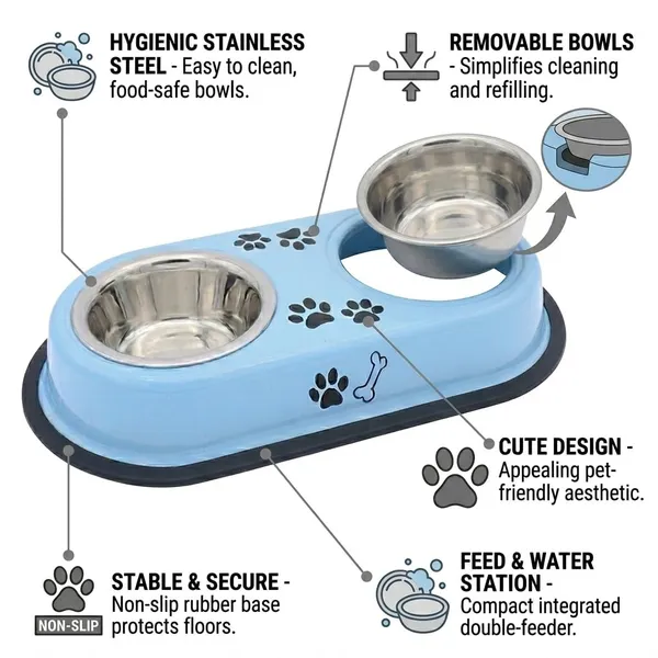 BWB_Two-in-One_Stainless_Steel_Pet_Bowls_with_No-Spill_Non-Slip_Base,_Double_Feeder_for_Dogs_and_Cats_–_Removable_Rust-Resistant_Metal_Katoris_for_Food_and_Water_-_Blue_-_500ml