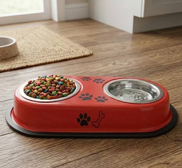 BWB_Two-in-One_Stainless_Steel_Pet_Bowls_with_No-Spill_Non-Slip_Base,_Double_Feeder_for_Dogs_and_Cats_–_Removable_Rust-Resistant_Metal_Katoris_for_Food_and_Water_-_Red_-_500ml