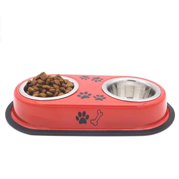 BWB_Two-in-One_Stainless_Steel_Pet_Bowls_with_No-Spill_Non-Slip_Base,_Double_Feeder_for_Dogs_and_Cats_–_Removable_Rust-Resistant_Metal_Katoris_for_Food_and_Water_-_Red_-_500ml