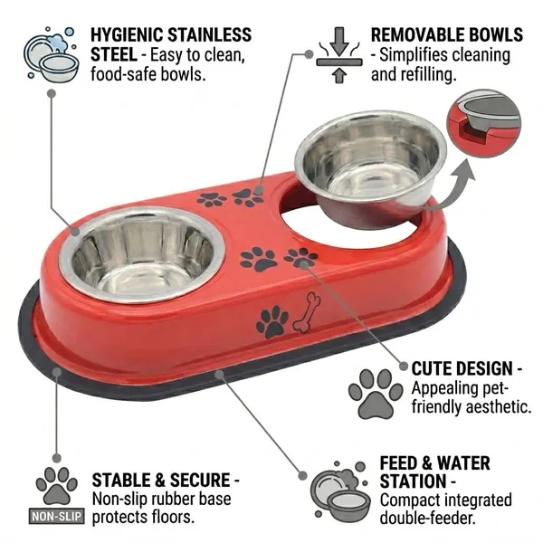 BWB_Two-in-One_Stainless_Steel_Pet_Bowls_with_No-Spill_Non-Slip_Base,_Double_Feeder_for_Dogs_and_Cats_–_Removable_Rust-Resistant_Metal_Katoris_for_Food_and_Water_-_Red_-_500ml