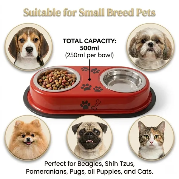 BWB_Two-in-One_Stainless_Steel_Pet_Bowls_with_No-Spill_Non-Slip_Base,_Double_Feeder_for_Dogs_and_Cats_–_Removable_Rust-Resistant_Metal_Katoris_for_Food_and_Water_-_Red_-_500ml