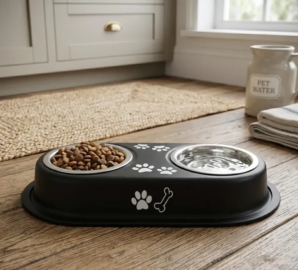 BWB_Two-in-One_Stainless_Steel_Pet_Bowls_with_No-Spill_Non-Slip_Base,_Double_Feeder_for_Dogs_and_Cats_–_Removable_Rust-Resistant_Metal_Katoris_for_Food_and_Water_-_Black_-_500ml