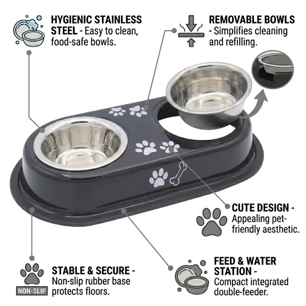 BWB_Two-in-One_Stainless_Steel_Pet_Bowls_with_No-Spill_Non-Slip_Base,_Double_Feeder_for_Dogs_and_Cats_–_Removable_Rust-Resistant_Metal_Katoris_for_Food_and_Water_-_Black_-_500ml
