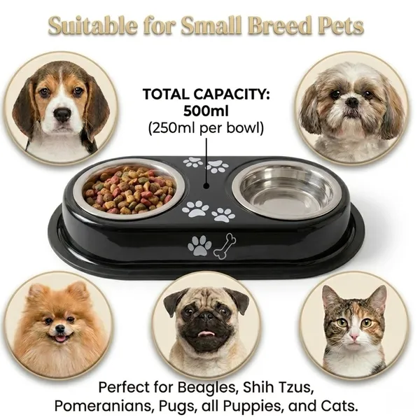 BWB_Two-in-One_Stainless_Steel_Pet_Bowls_with_No-Spill_Non-Slip_Base,_Double_Feeder_for_Dogs_and_Cats_–_Removable_Rust-Resistant_Metal_Katoris_for_Food_and_Water_-_Black_-_500ml
