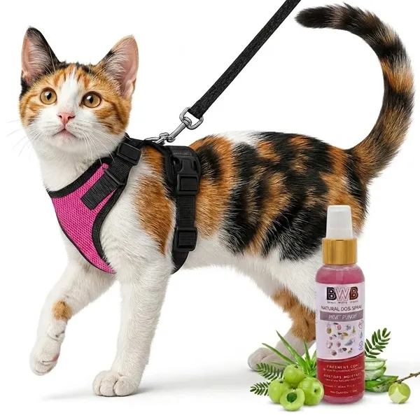 BWB_No_Pull_Cat_Harness_with_Leash_+_Free_Natural_deo_Spray_(120ml),_Escape_Proof,_Ultra-Light_Weight,_Air_Mesh_Fabric,_Fully_Adjustable_&_Durable_Cat_Leash_with_Harness_(XS_-_Pink)
