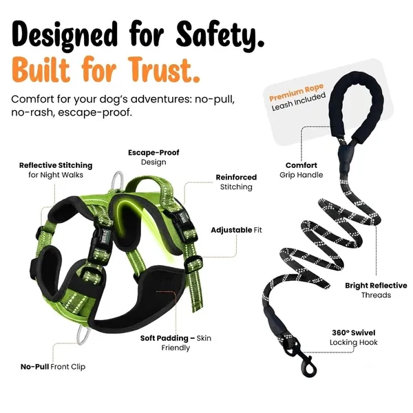 BWB_Reflective_Dog_Harness_with_Leash,_No-Pull_Adjustable_Belt_Vest_for_Small,_Medium_&_Large_Dogs,_Escape-Proof,_Padded_Training_&_Walking_Harness_(S-_Black)