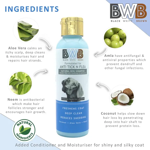BWB_Natural_Dog_Shampoo_for_TICK_and_FLEA_Control_.PARABEN_Free+Alcohol_Free+pH_Balance_with_AloVera,NEEM,_Coconut_&_Amla_extracts_and_Added_Conditioner_&_MOISTURISER._(Pack_of_2(120ml_+120ml))