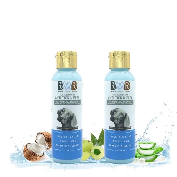 BWB_Natural_Dog_Shampoo_for_TICK_and_FLEA_Control_.PARABEN_Free+Alcohol_Free+pH_Balance_with_AloVera,NEEM,_Coconut_&_Amla_extracts_and_Added_Conditioner_&_MOISTURISER._(Pack_of_2(120ml_+120ml))