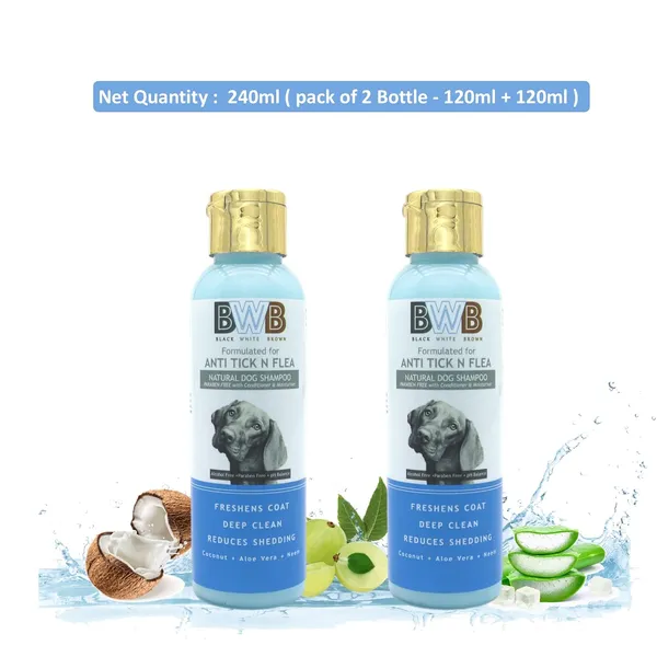 BWB_Natural_Dog_Shampoo_for_TICK_and_FLEA_Control_.PARABEN_Free+Alcohol_Free+pH_Balance_with_AloVera,NEEM,_Coconut_&_Amla_extracts_and_Added_Conditioner_&_MOISTURISER._(Pack_of_2(120ml_+120ml))