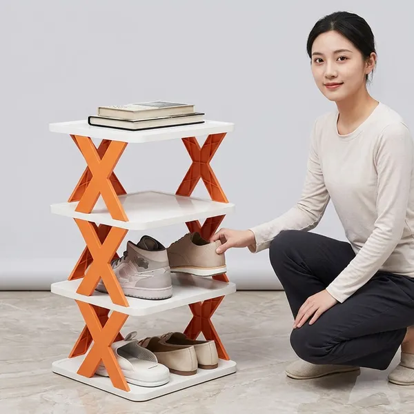 White_And_Orange_Plastic_Foldable_3_Layer_Shoe_Rack