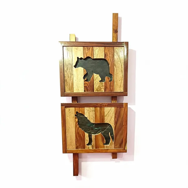 Natural_Wooden_Bear_And_Woolf_Painting_For_Nature-Themed_Home_&_Office_Decor