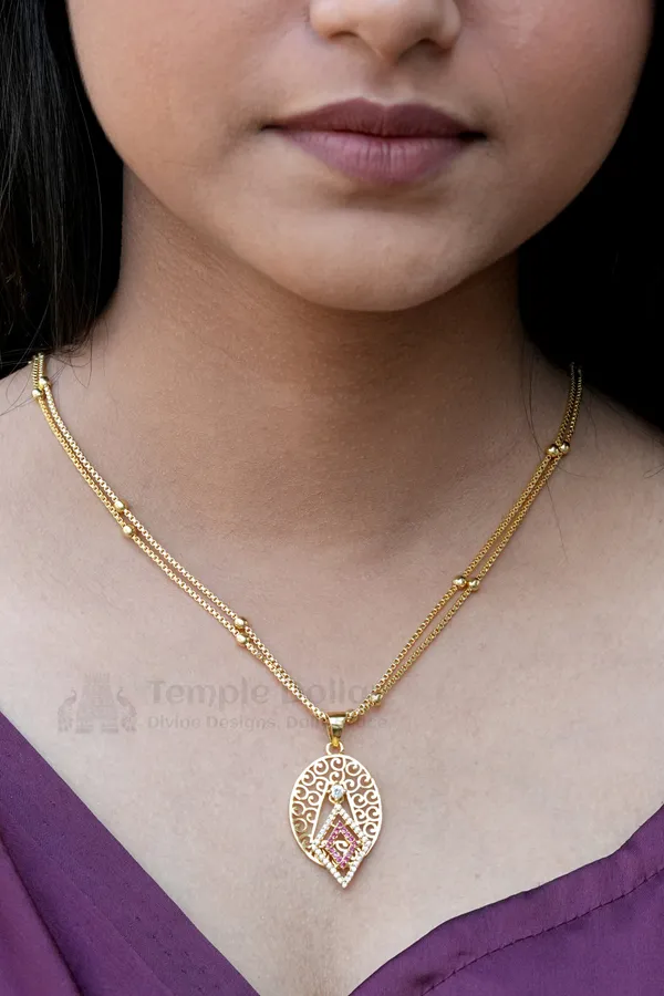 Gold_Plated_Pendant_Chain_With_Pink_Stone_Double_Chain
