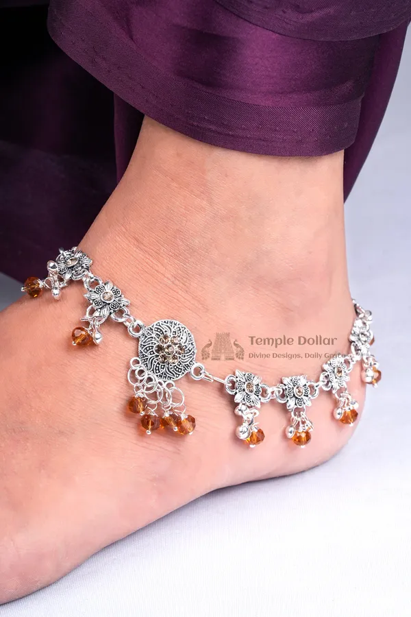 Oxidized_Silver_Finish_Floral_Payal_With_Citrine_Tone_Charms