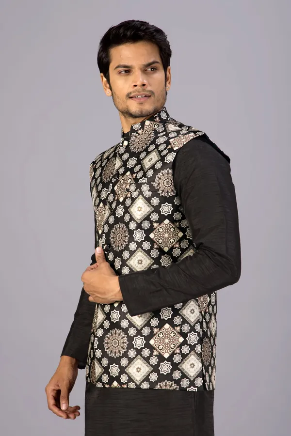 Black_Printed_Kurta_Koti_Set_For_Men