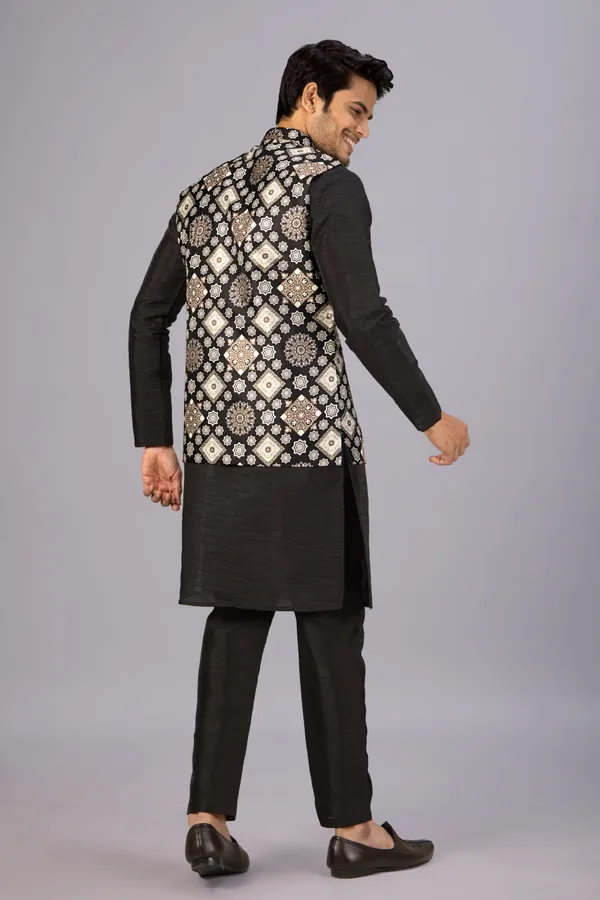 Black_Printed_Kurta_Koti_Set_For_Men