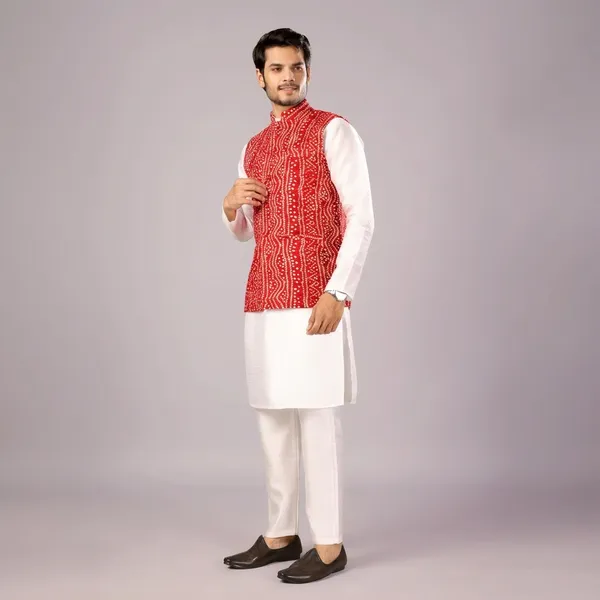 White_Dotted_Bandhani_Kurta_Koti_Set_For_Men