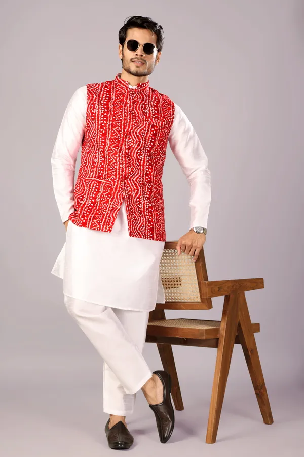 White_Dotted_Bandhani_Kurta_Koti_Set_For_Men