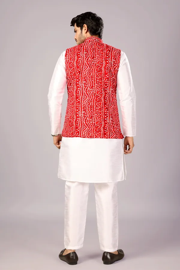 White_Dotted_Bandhani_Kurta_Koti_Set_For_Men