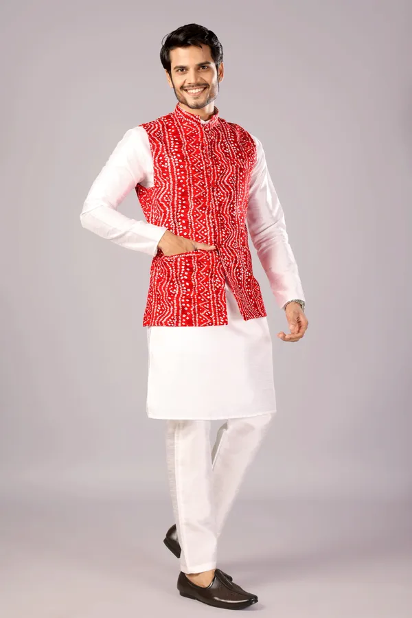 Red_Box_Print_Bandhani_Kurta_Koti_Set_For_Men