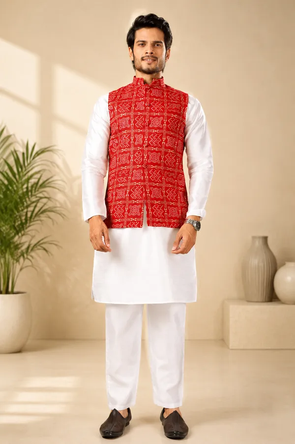 Red_Box_Print_Bandhani_Kurta_Koti_Set_For_Men