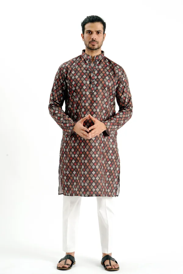 Brown_Crochet_Kurta_With_Barfi_Pattern_For_Men