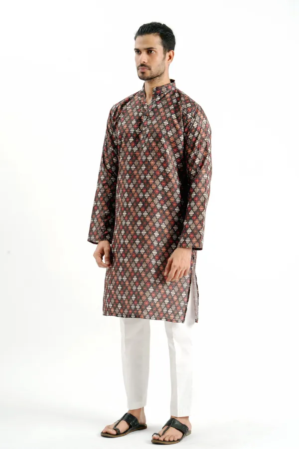 Brown_Crochet_Kurta_With_Barfi_Pattern_For_Men