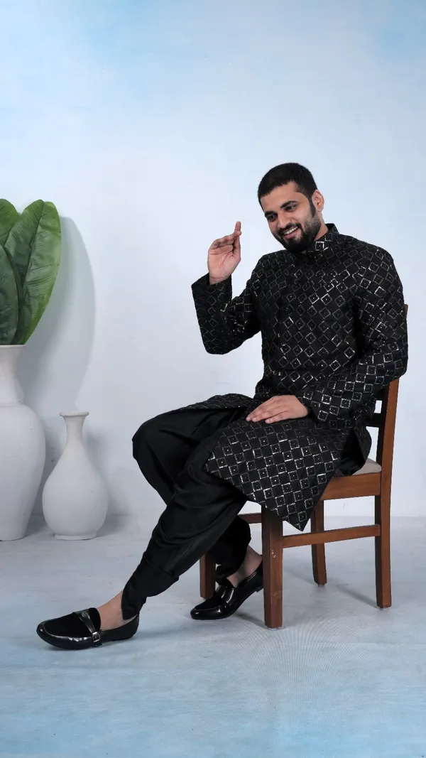 Black_Diamond_Pattern_Indo_Dhoti_Set_For_Men