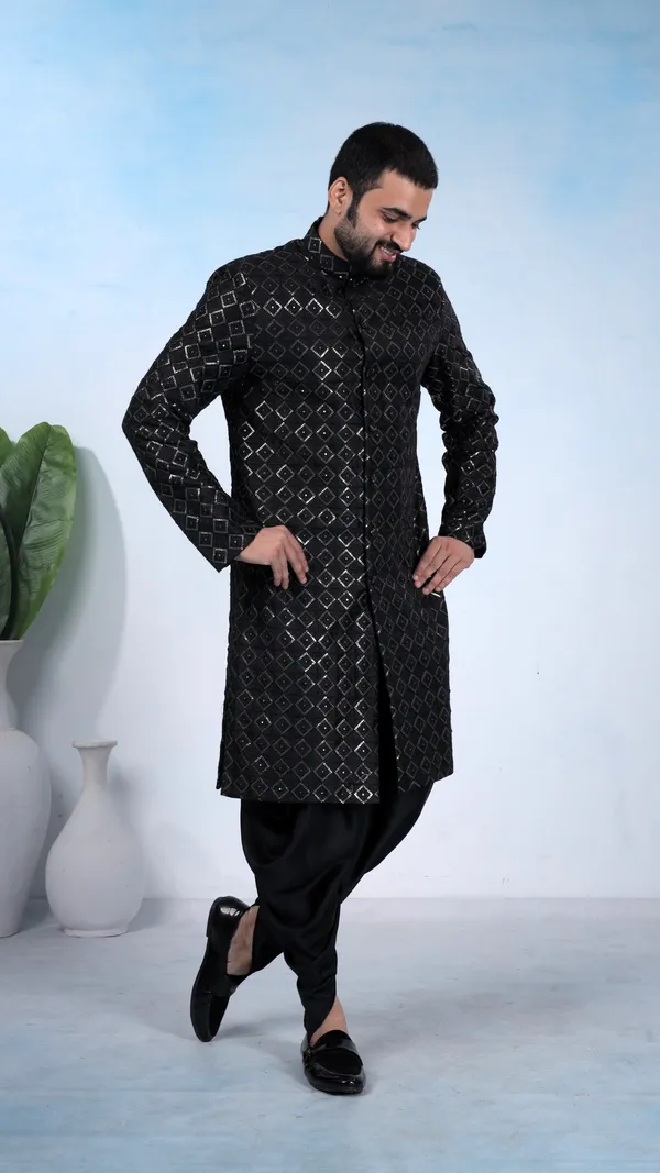 Black_Diamond_Pattern_Indo_Dhoti_Set_For_Men