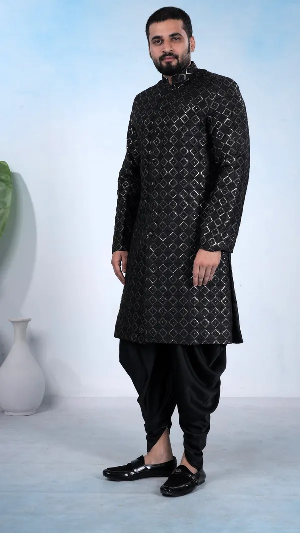 Black_Diamond_Pattern_Indo_Dhoti_Set_For_Men