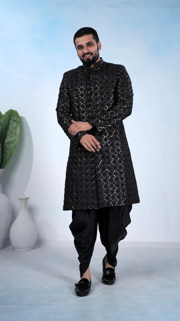 Black_Diamond_Pattern_Indo_Dhoti_Set_For_Men