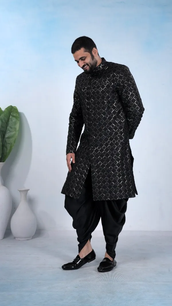 Black_Diamond_Pattern_Indo_Dhoti_Set_For_Men