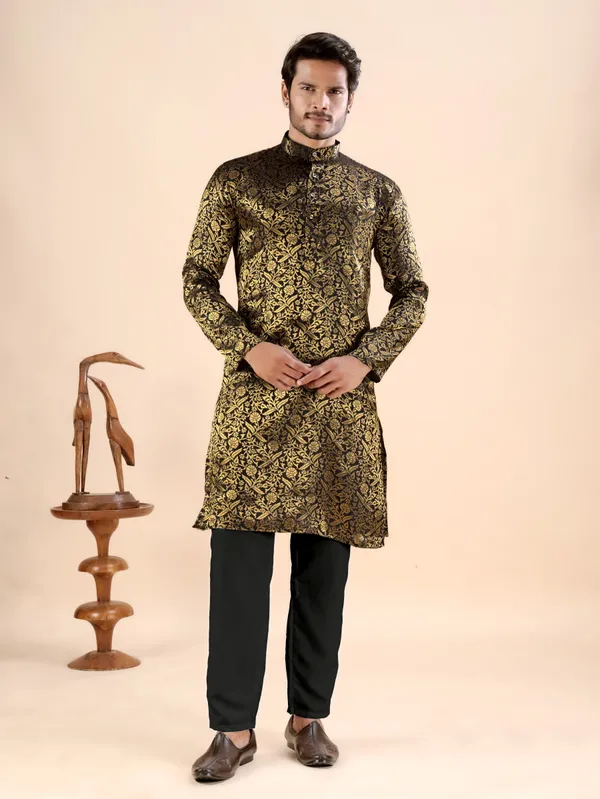 Black_And_Gold_Floral_Banarasi_Silk_Kurta_For_Men