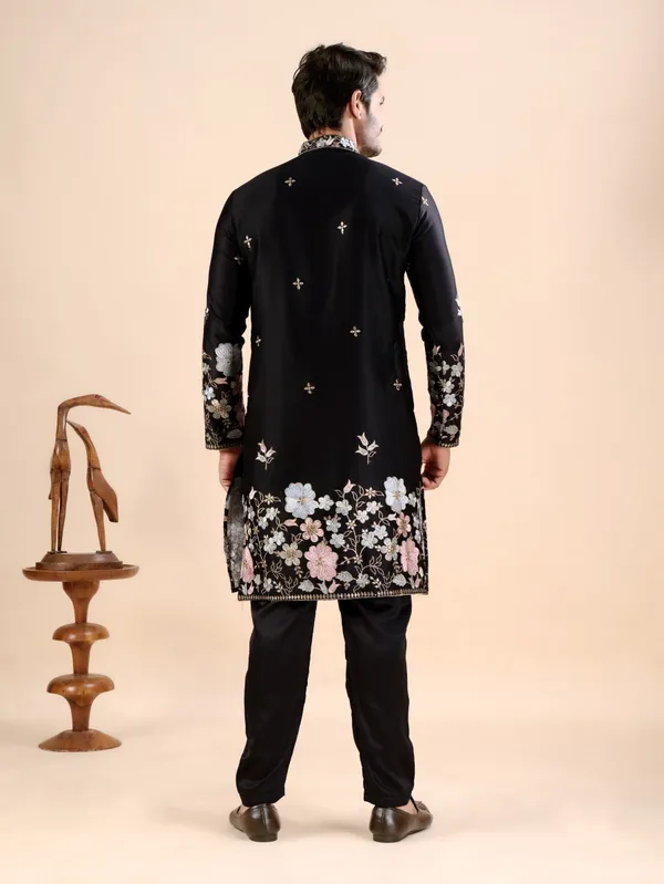 Black_Satin_Daman_Floral_Kurta_For_Men