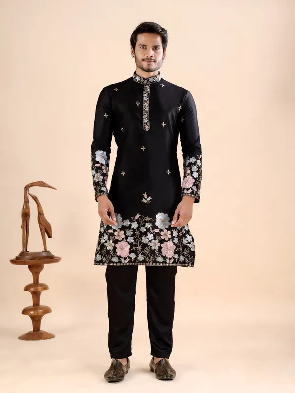 Black_Satin_Daman_Floral_Kurta_For_Men