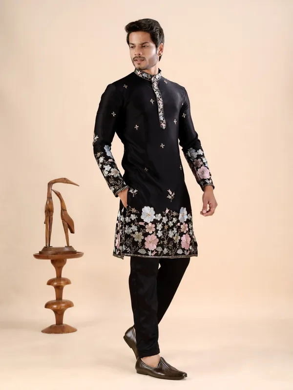 Black_Satin_Daman_Floral_Kurta_For_Men