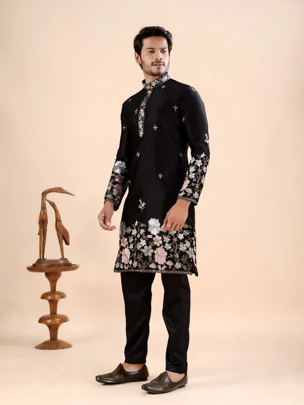 Black_Satin_Daman_Floral_Kurta_For_Men
