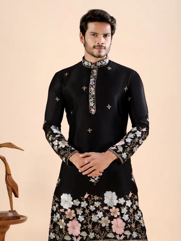 Black_Satin_Daman_Floral_Kurta_For_Men