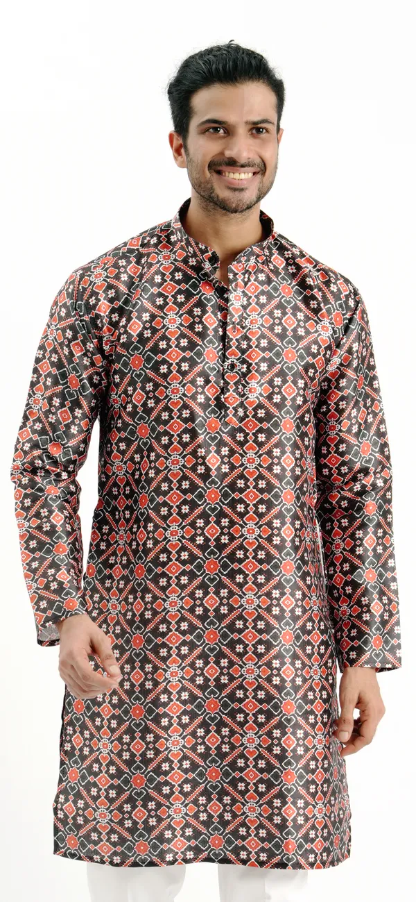 Black_And_Red_Silk_Printed_Kurta_For_Men